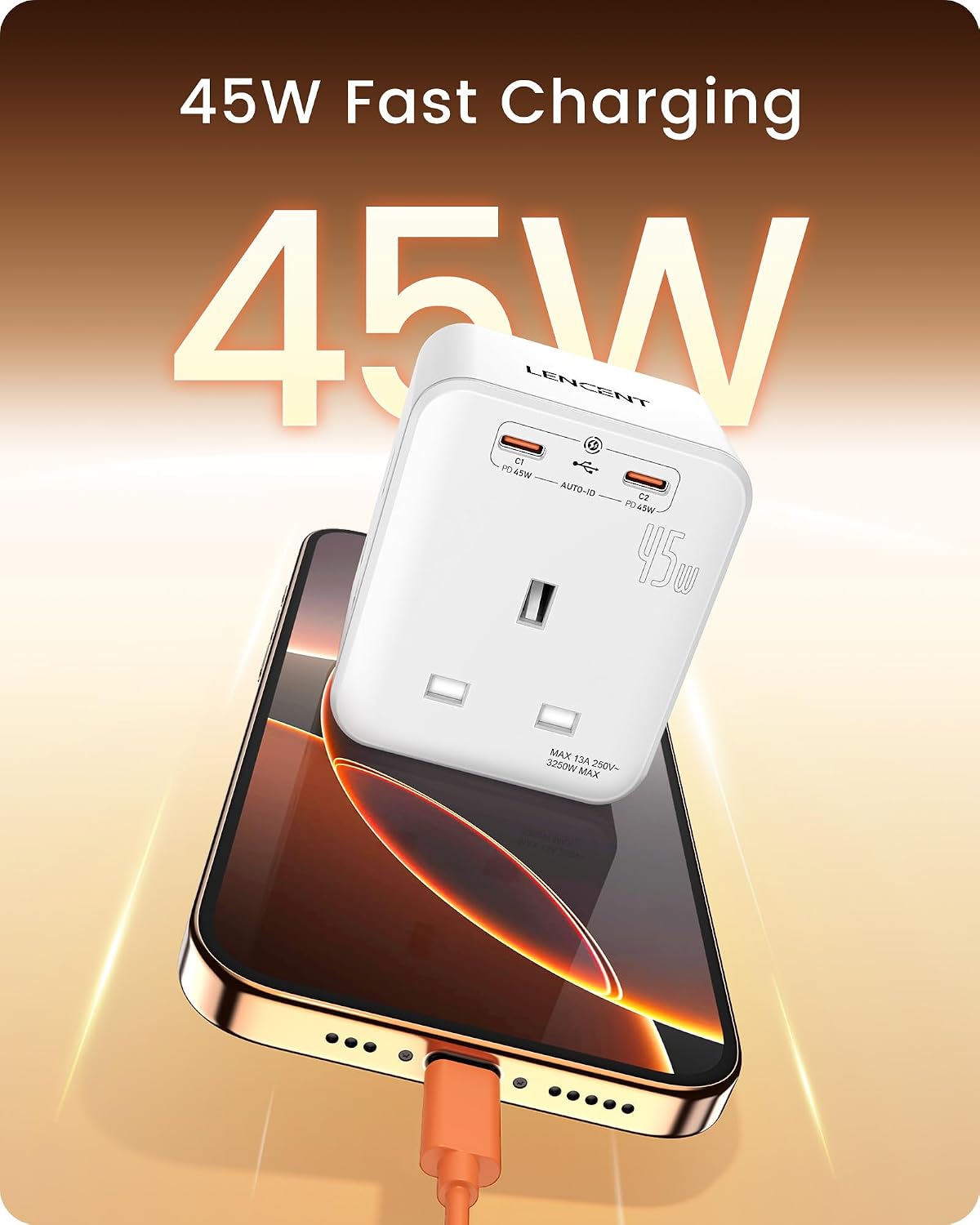 LENCENT 3 Way Plug Extension Socket with 2 Fast Charge USB, PD45W USB C