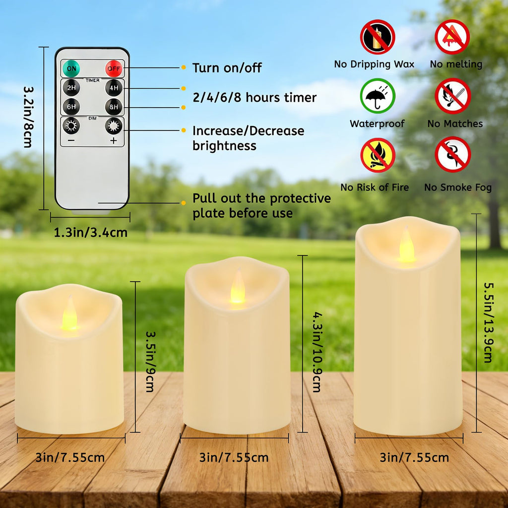 Outdoor Flameless Candles, Patented 3D Dual-LED, Set of 2 Slanted Plastic Pillars with Remote, Waterproof Non-Melting Battery Operated Decor for Bathroom Bedroom Gift, Black (D3 x H6)