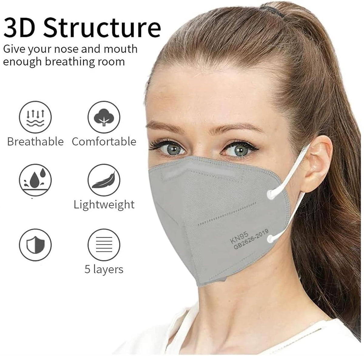 LEMENT 50pcs KN95 Face Mask Black 5-Layer Filter≥95% Cup Dust Safety Masks