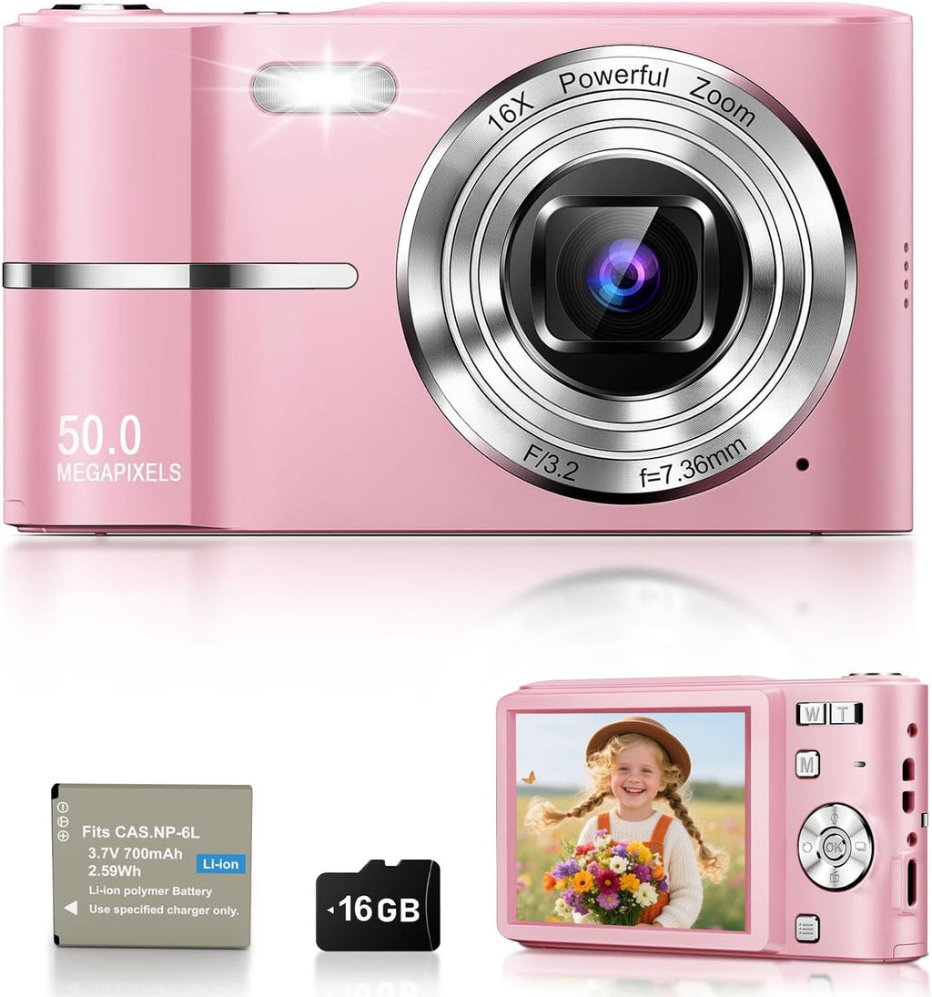 Digital Camera, 1080P FHD Vlogging Camera 50MP Compact Portable Photo Camera with 2.4" Screen, 16X Digital Zoom Mini Small Pocket Camera for Kids Students with 1 Battery, 16GB Card (Pink)