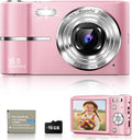 Digital Camera, 1080P FHD Vlogging Camera 50MP Compact Portable Photo Camera with 2.4" Screen, 16X Digital Zoom Mini Small Pocket Camera for Kids Students with 1 Battery, 16GB Card (Pink)