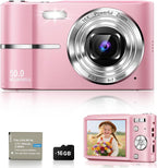 Digital Camera, 1080P FHD Vlogging Camera 50MP Compact Portable Photo Camera with 2.4" Screen, 16X Digital Zoom Mini Small Pocket Camera for Kids Students with 1 Battery, 16GB Card (Pink)