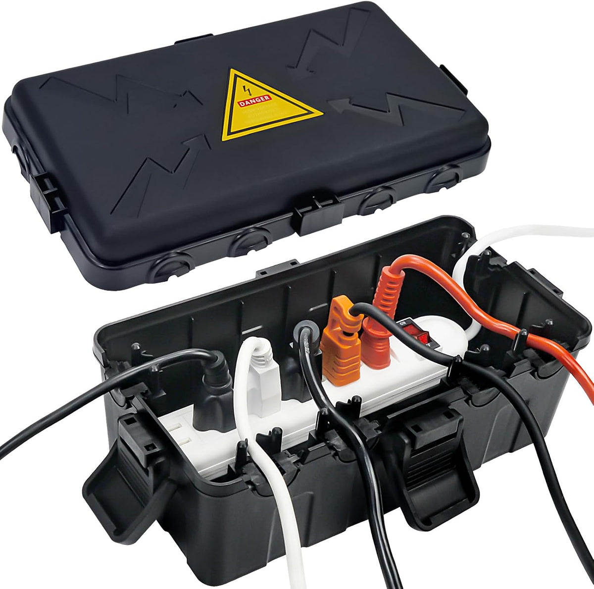 Hrensaw Medium Outdoor Electrical Box(10.6x5.5x4.5inch),Weatherproof Connection Box w/6 Cable Entry,IP54 Waterproof Extension Cord Cover Protect Power Strip,Timer,Plug,Holiday Lights,Black