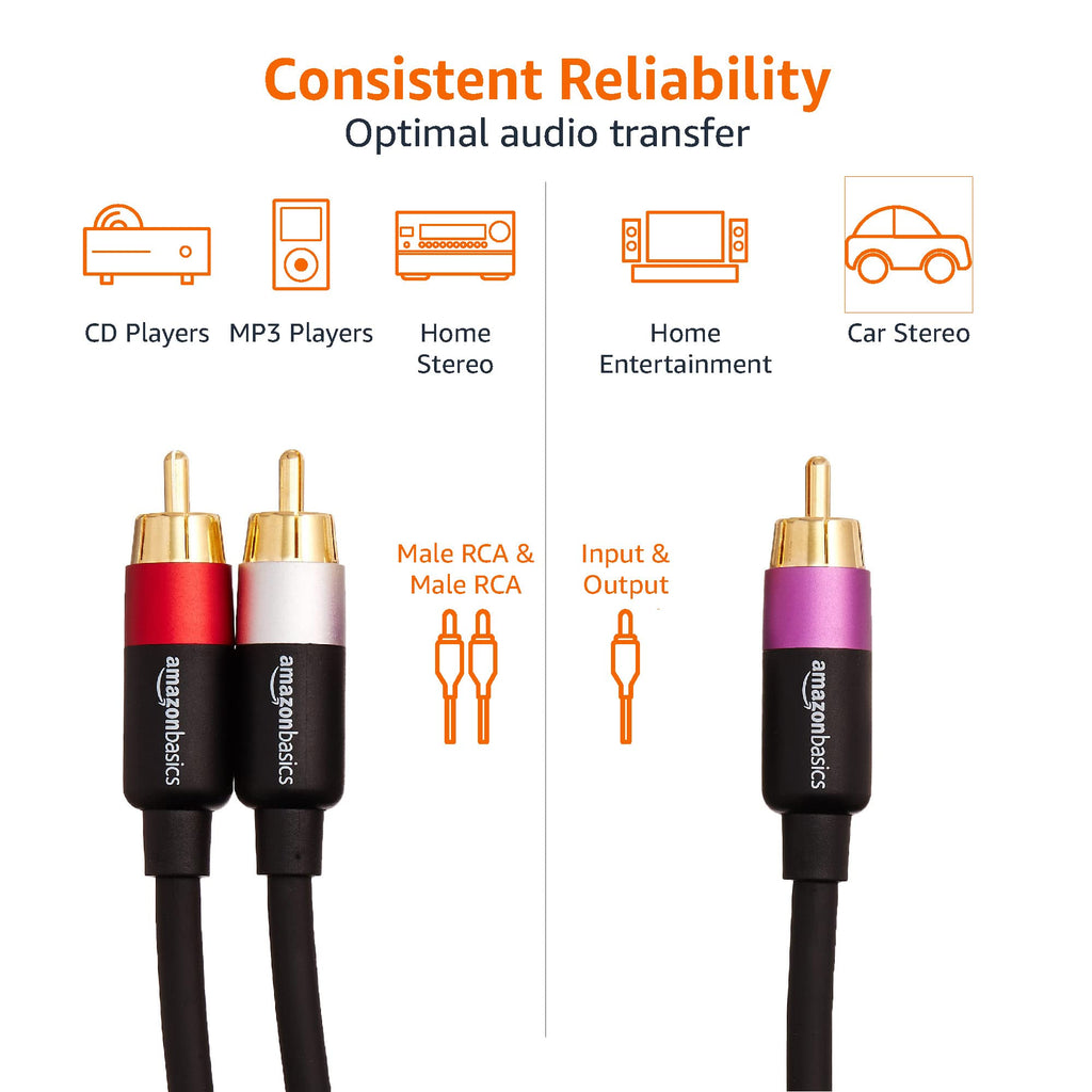 Amazon Basics 2 RCA Cables for Amplifier, Active Speakers or Subwoofer, 1.2 m, Black