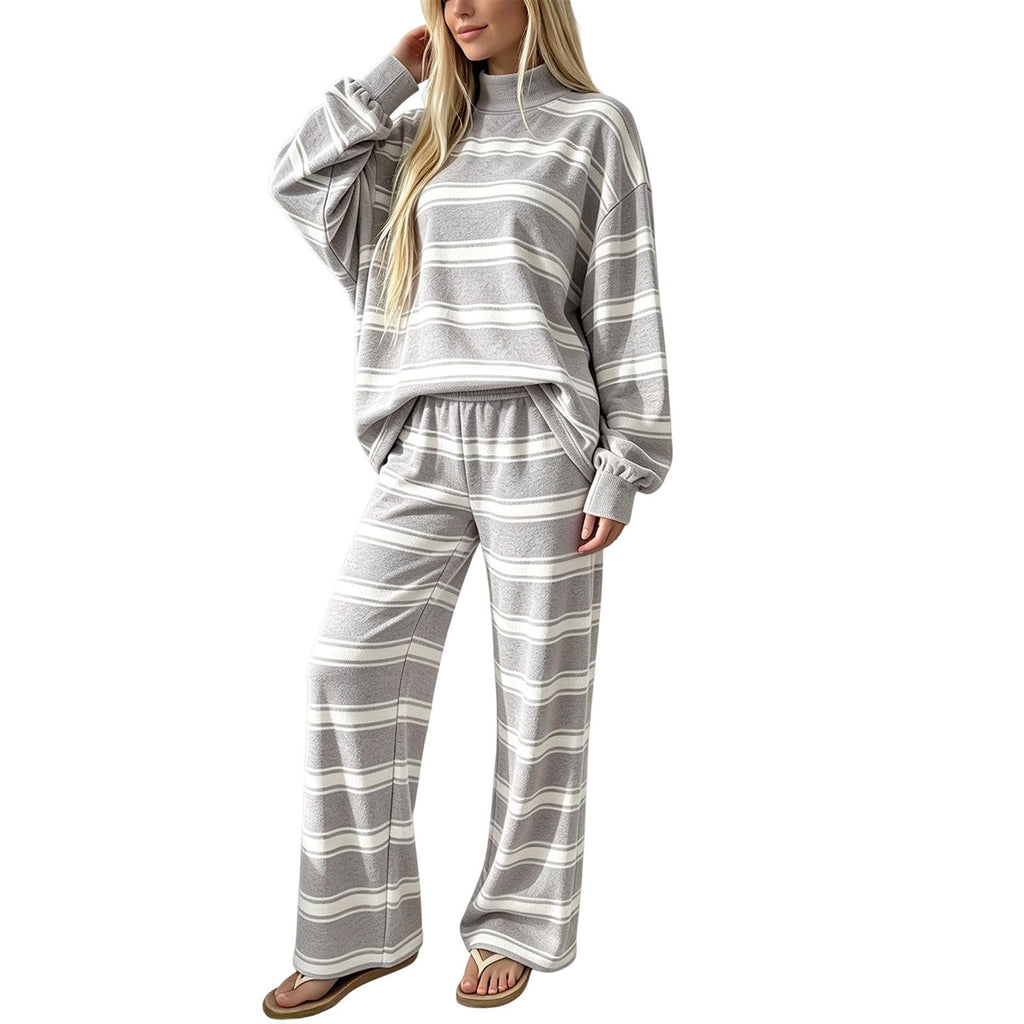 Striped Lounge Wear Sets for Women UK 2 Piece Outfits Loungewear Travel Matching Pyjamas Sets Mock Neck Oversized Knitted Jumper Long Sleeve Top and Wide Leg Pants Fall Winter