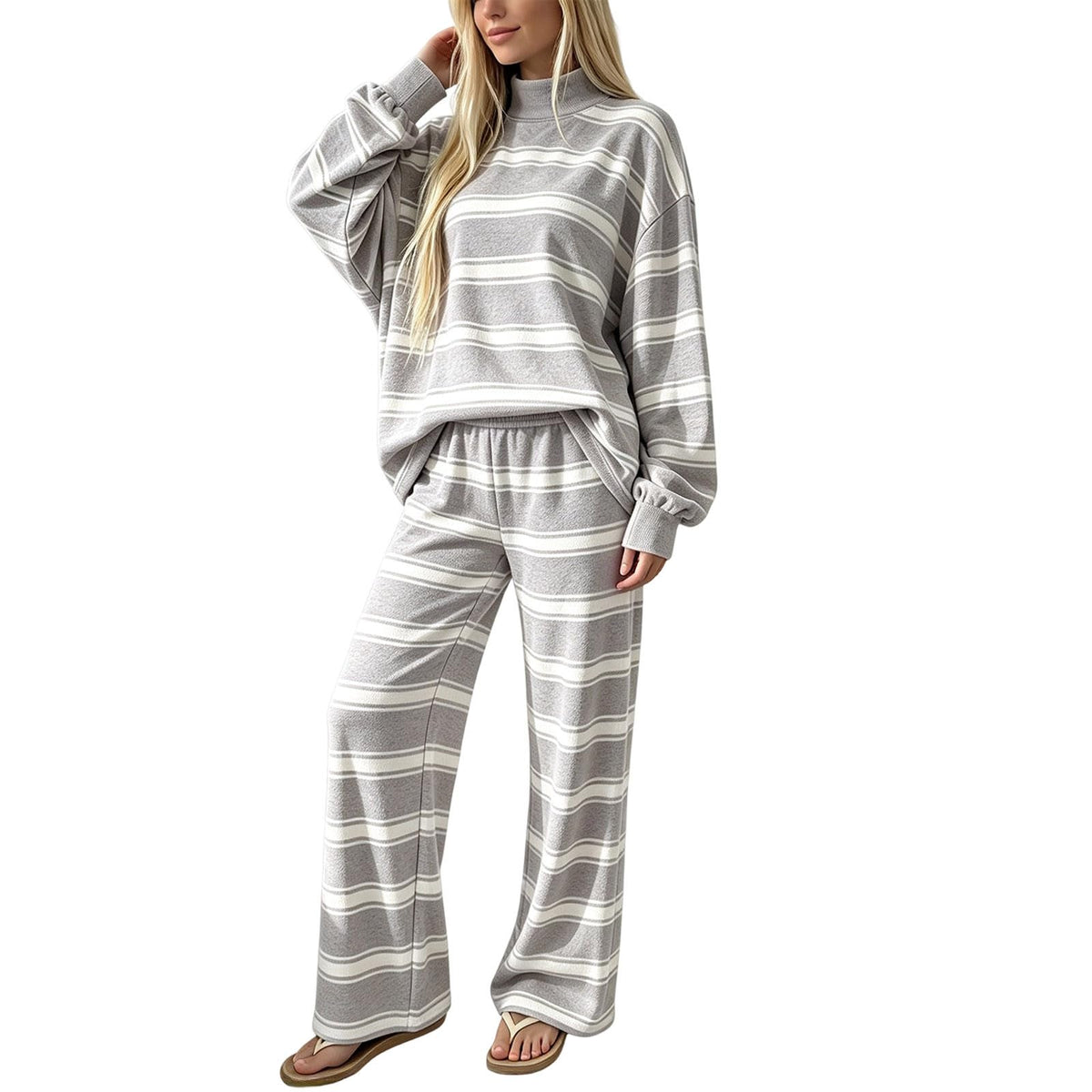 Striped Lounge Wear Sets for Women UK 2 Piece Outfits Loungewear Travel Matching Pyjamas Sets Mock Neck Oversized Knitted Jumper Long Sleeve Top and Wide Leg Pants Fall Winter