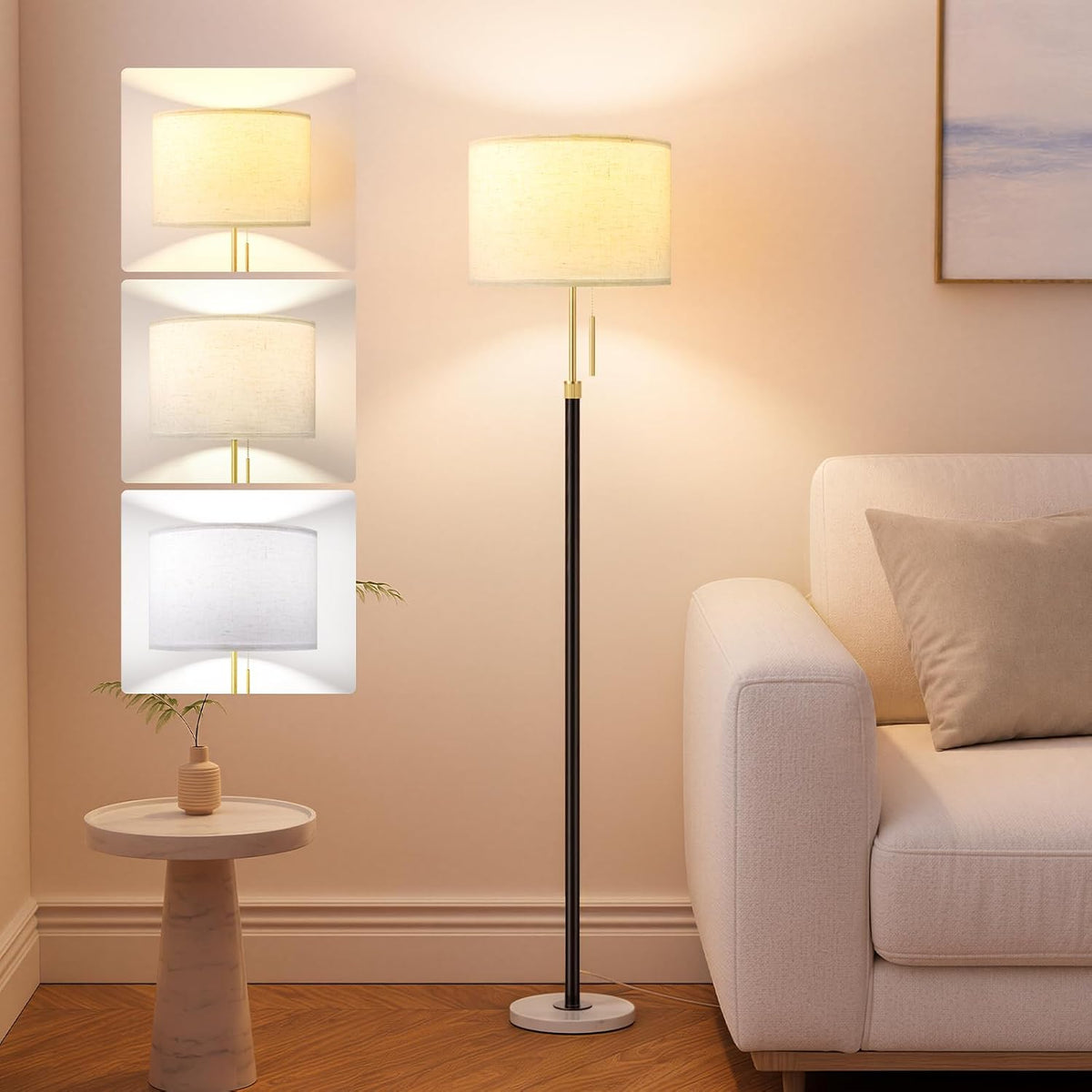 Ambimall Floor Lamp for Living Room with Smart Light Bulb, RGB + Stepless Dimmable Colors Temperature & Brightness(White Shade & Black Pole)