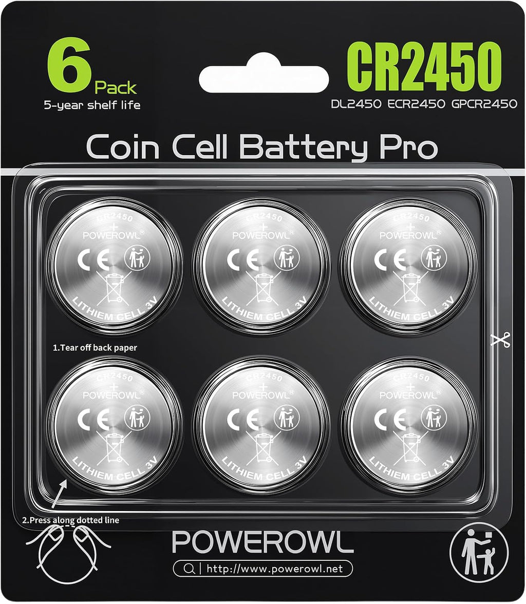 POWEROWL 6-Pack CR2450 3V Lithium Coin Cell Battery, for scales, sensors, LED lights, remote controls, car keys and small electronics