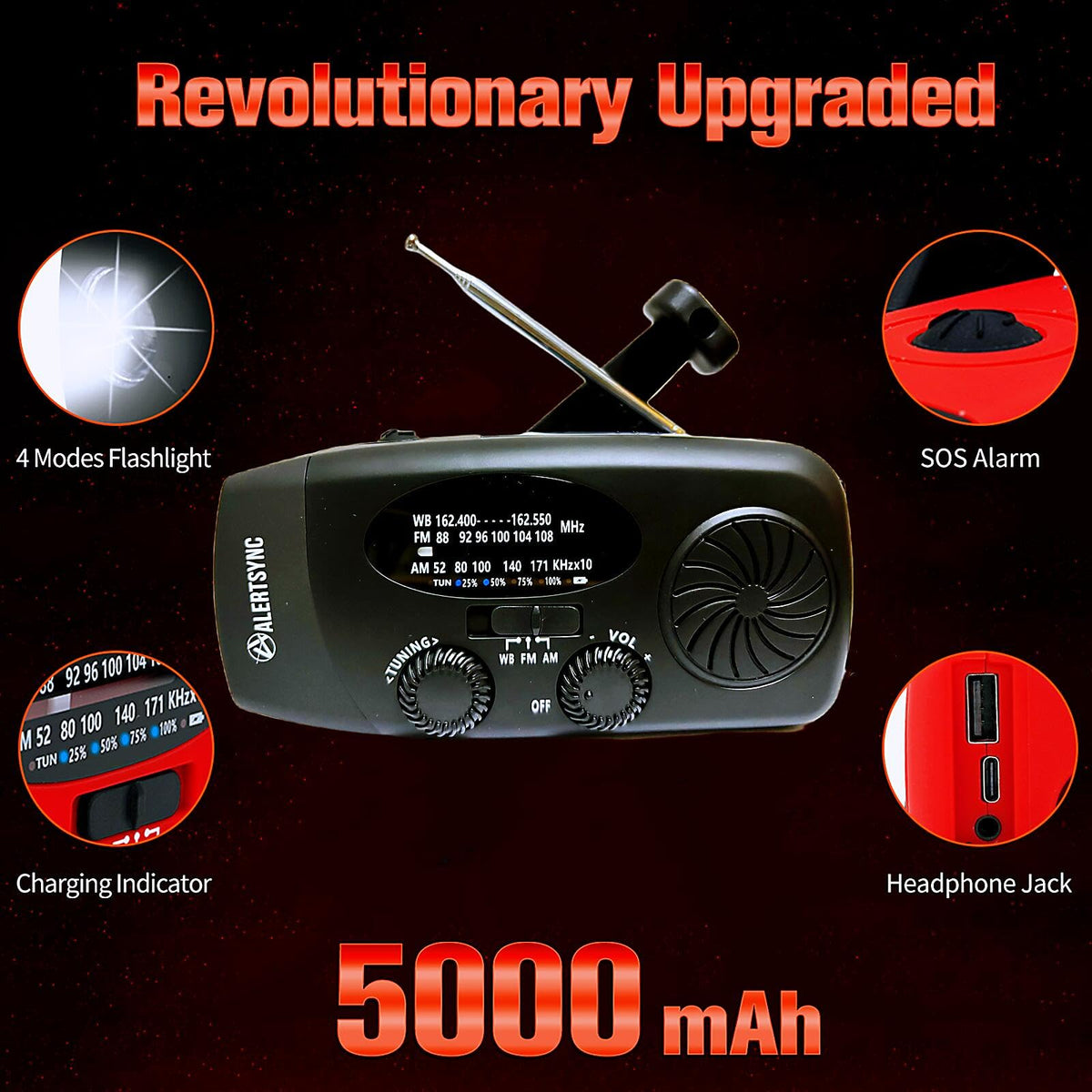 2000mAh Wind Up Solar Radio, Emergency Weather Radio,FM/AM Hand Crank Radio