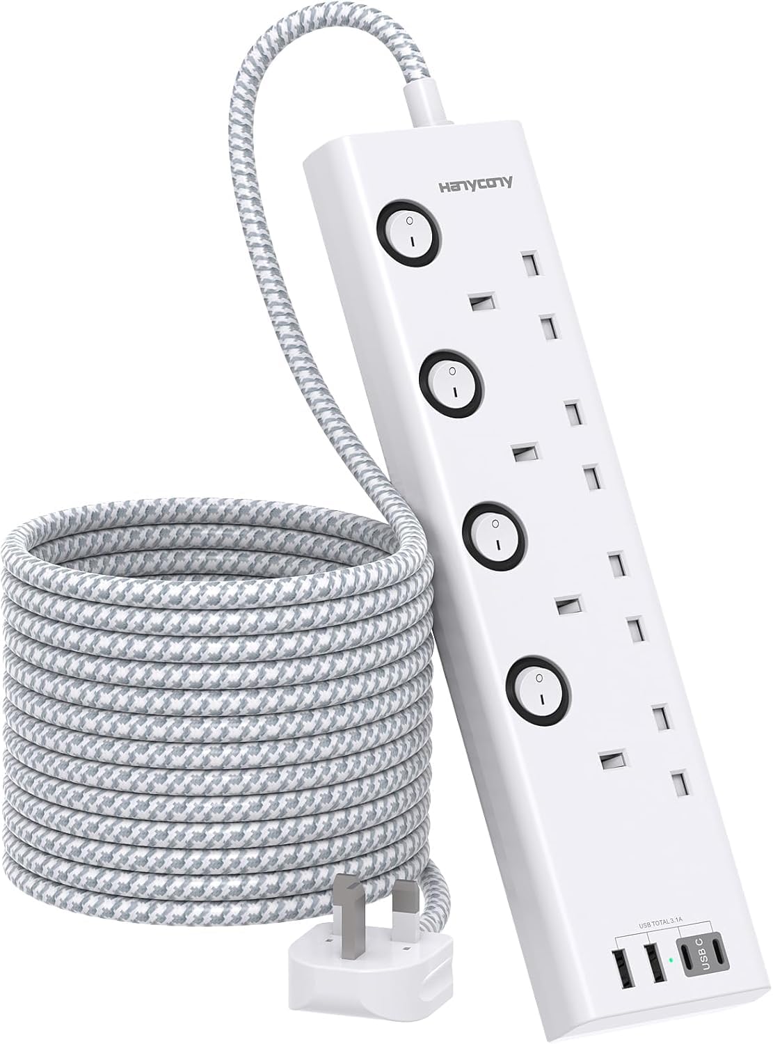 Black Extension Lead with 4 USB Slots(2 USB C), 4 Way Plug Extension Socket