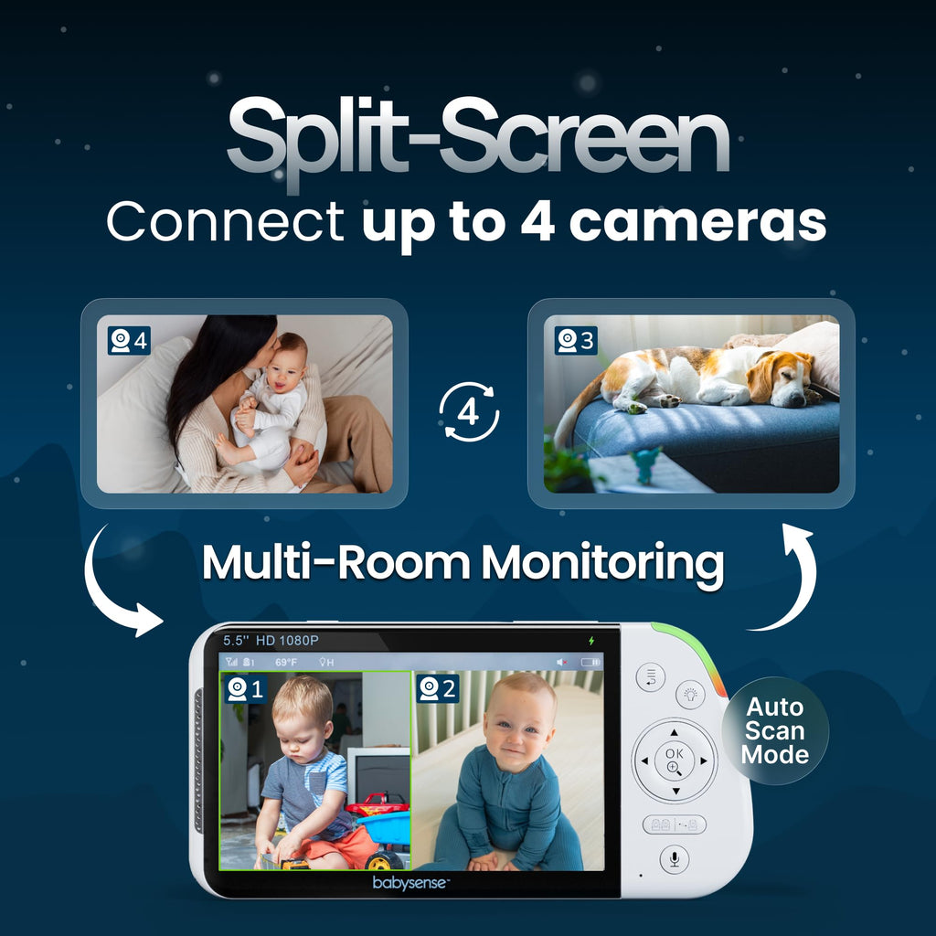 Babysense Prisma Baby Monitor with Camera and Night Vision, 5” HD Video Baby Monitor, 6-Color Night Light, Split Screen, Baby Sound Machine with White Noise & Lullabies, Secure No WiFi