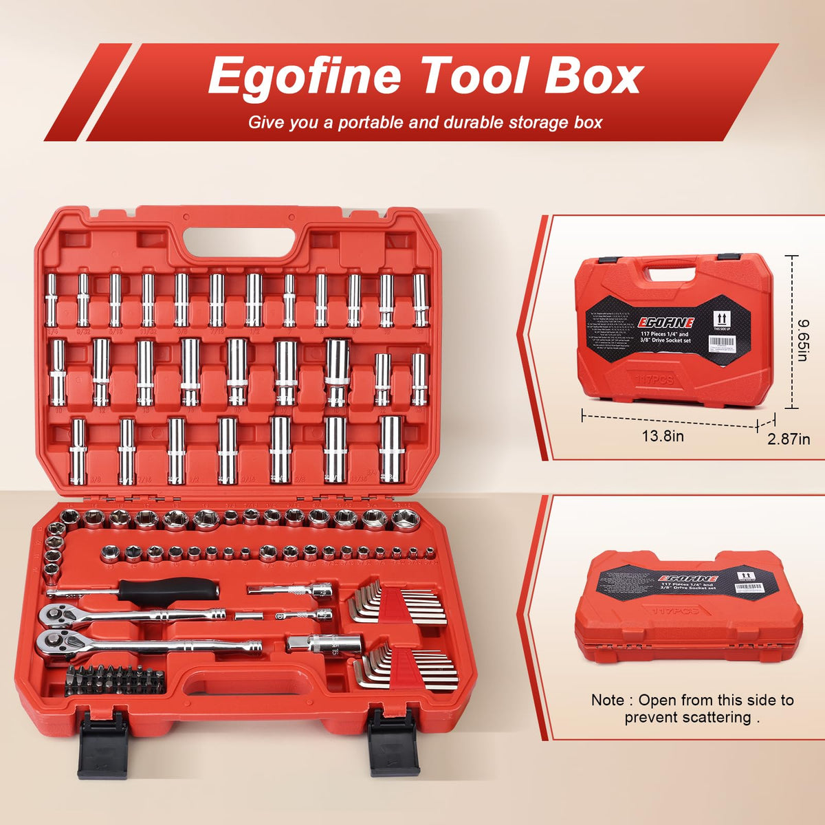 Egofine 46 Pieces 1/4 inch Drive Socket Ratchet Wrench Set, with Bit Socket Set Metric and Extension Bar for Auto Repairing and Household, with Storage Case