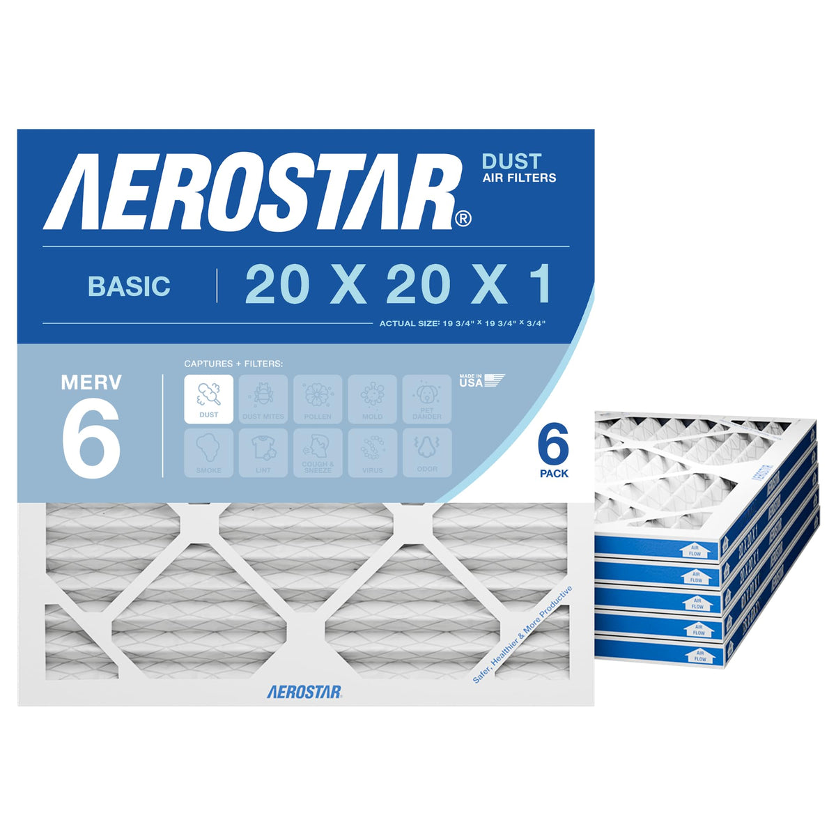 Aerostar Air Filter 20x20x1 MERV 8 AC Filter, HVAC, Furnace Filter, 6 Pack