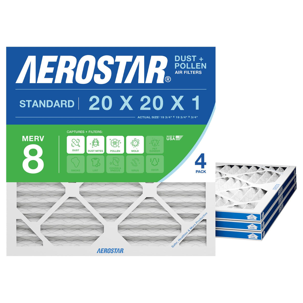 Aerostar Air Filter 20x20x1 MERV 8 AC Filter, HVAC, Furnace Filter, 6 Pack