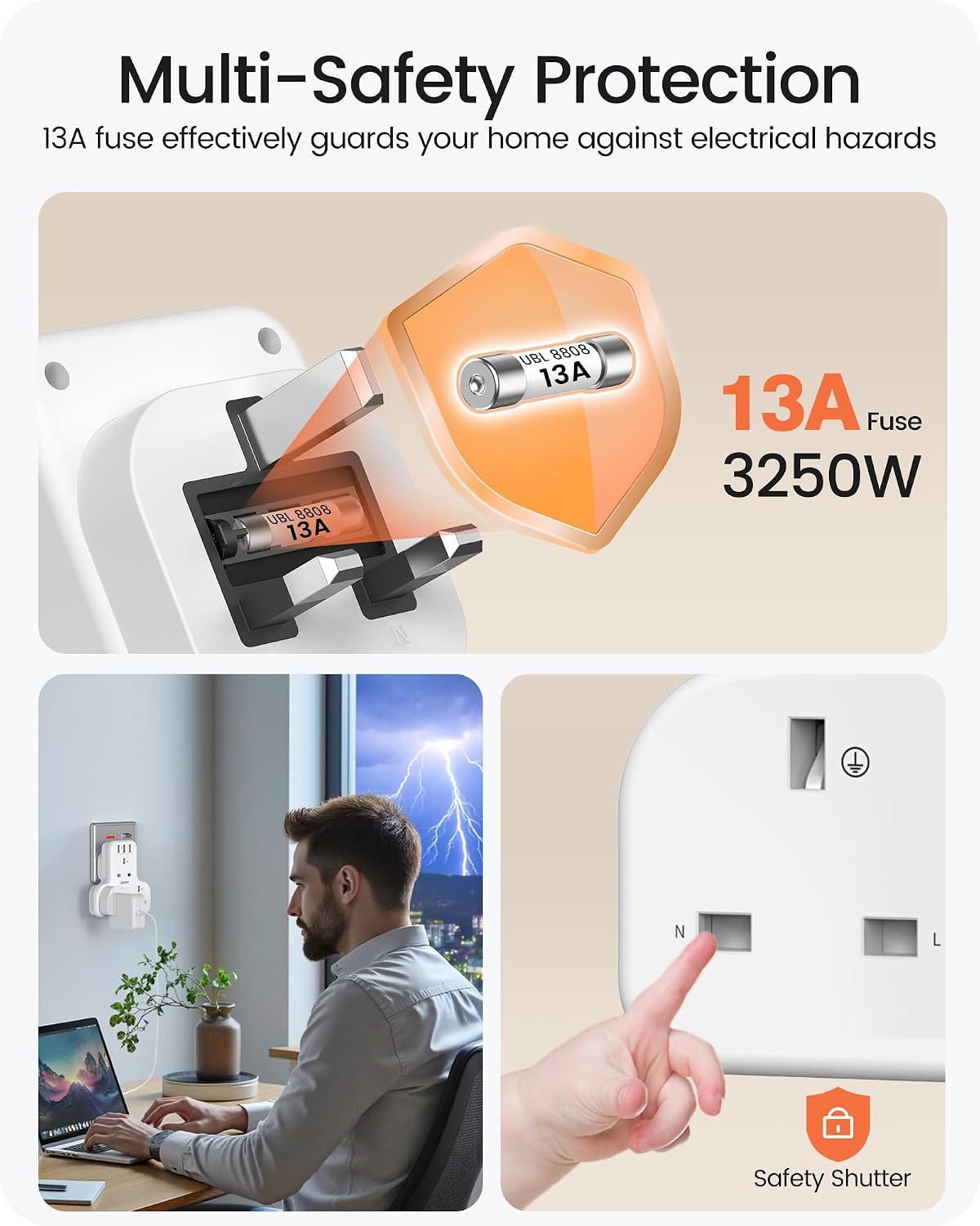 LENCENT Plug Extension Socket, 3 Way Multi Plug Socket with 3 USB Ports