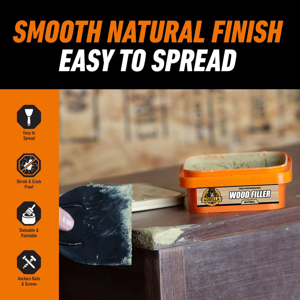 Gorilla All Purpose Wood Filler, Natural Finish, 16 oz Tub, 1-Pack