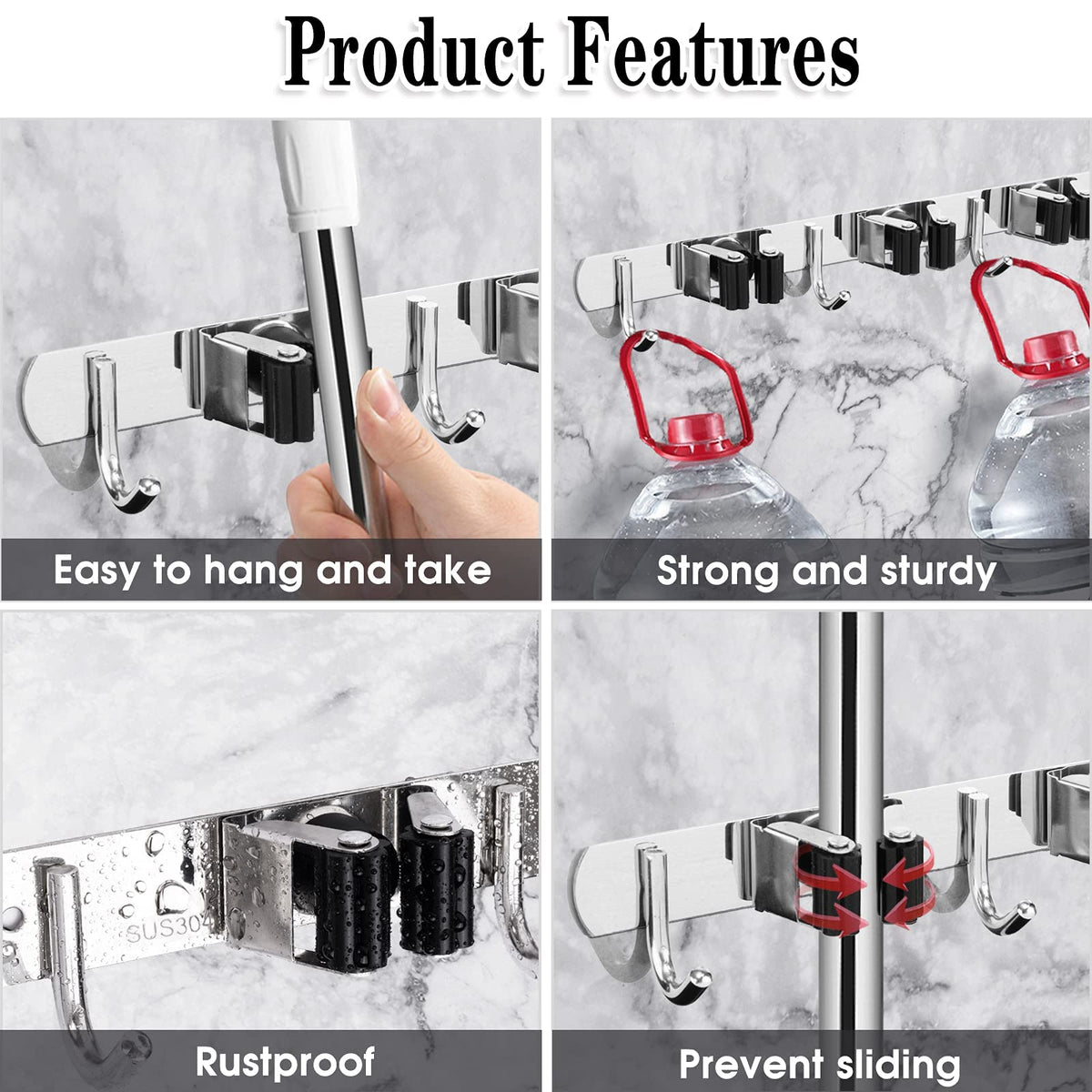 AceMining Broom Holder Wall Mount, 5 Racks 4 Hooks Heavy Duty Mop Organizer