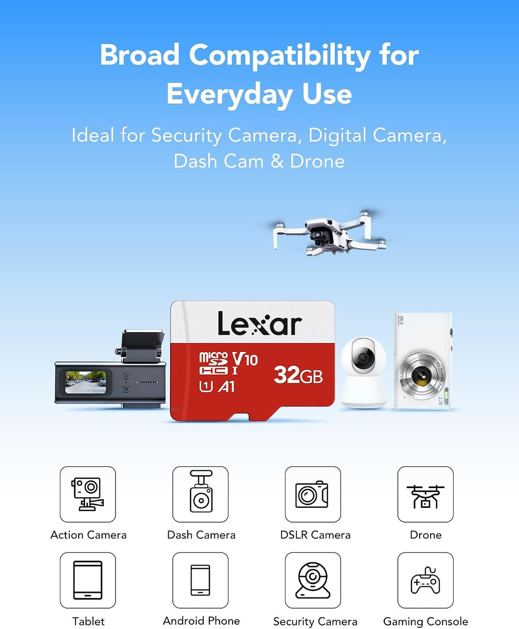 Lexar 32GB Micro SD Card E Series, microSDHC UHS-I Flash Memory Card with Adapter - Up to 100MB/s, A1, U1, Class10, V10, High Speed TF Card