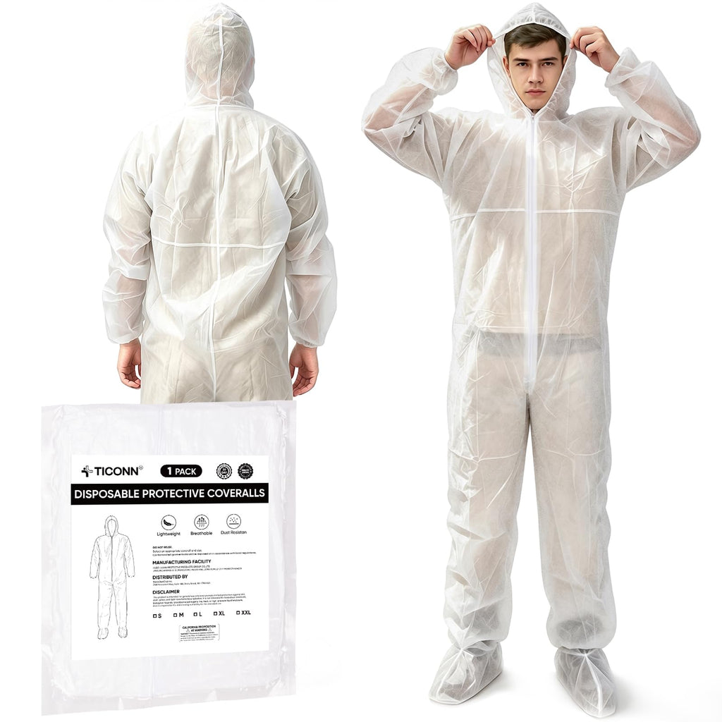TICONN Hazmat Suit Disposable Coveralls, Full Body Lab Overall Paint Suit