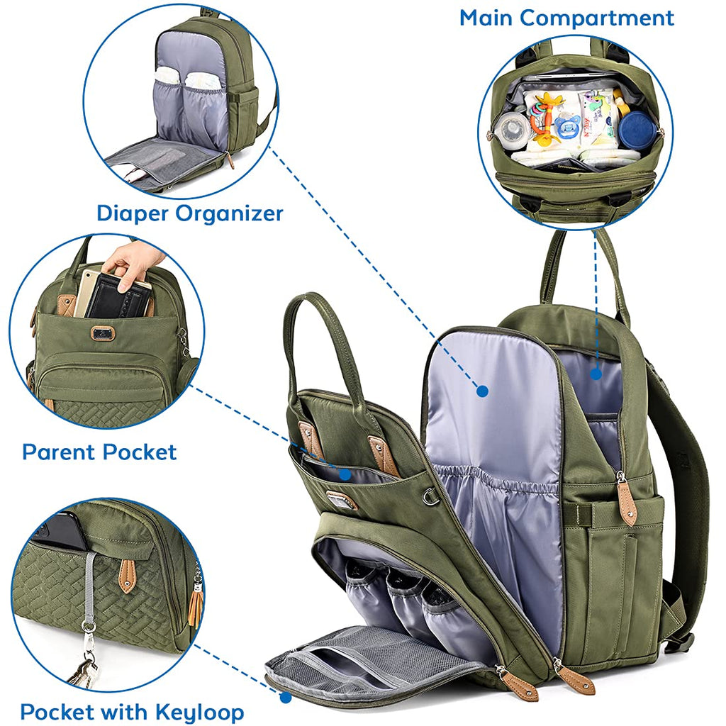 Dikaslon Baby Changing Bag Backpack, Large Nappy Back Pack Multifunction Baby Bags with Portable Changing Mat, Pacifier Holder, and Stroller Straps, for Mom and Dad