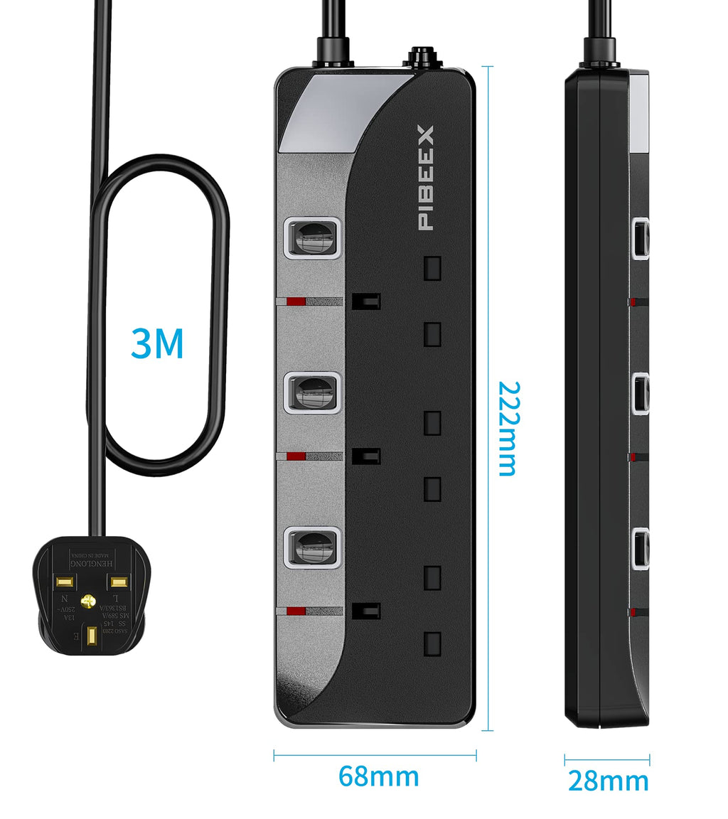 PIBEEX Extension Lead 2 Way Plug Sockets with Individual Switches Wall Mountable Power Strip 3M Extension Cable 13A Fused UK Plug 3250W