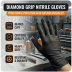 The Real Touch Nitrile Gloves, 50 Count, Heavy-Duty Disposable Mechanic Gloves, Diamond Textured, Latex & Powder-Free, Non-Slip, Extra Thick, Ideal for Automotive, Industrial Tasks (Black - 50, L)
