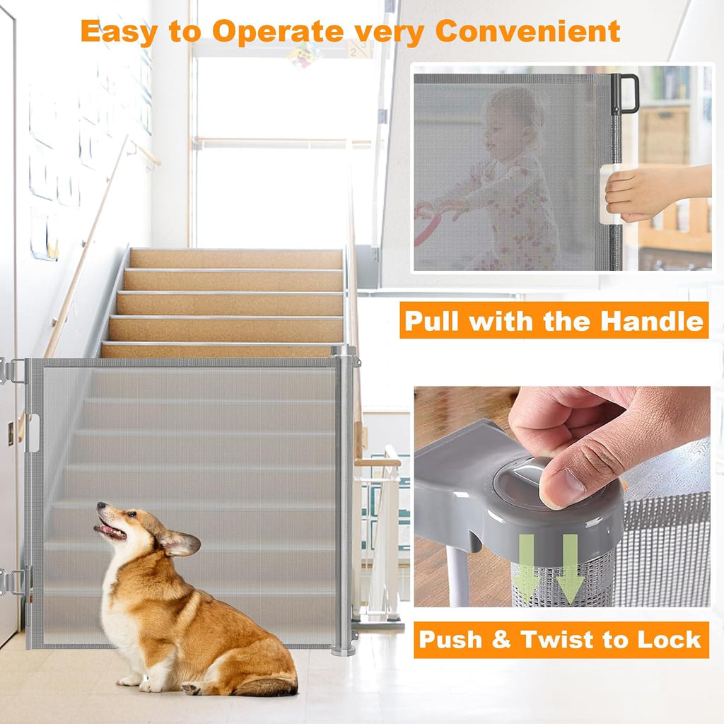 Retractable Stair Gate for Baby, Extra Wider Safety Dog Gate 150cm, 86cm Tall, One Hand Operated Baby Gate for Stairways & Hallways, Indoor & Outdoor, Grey (150cm)