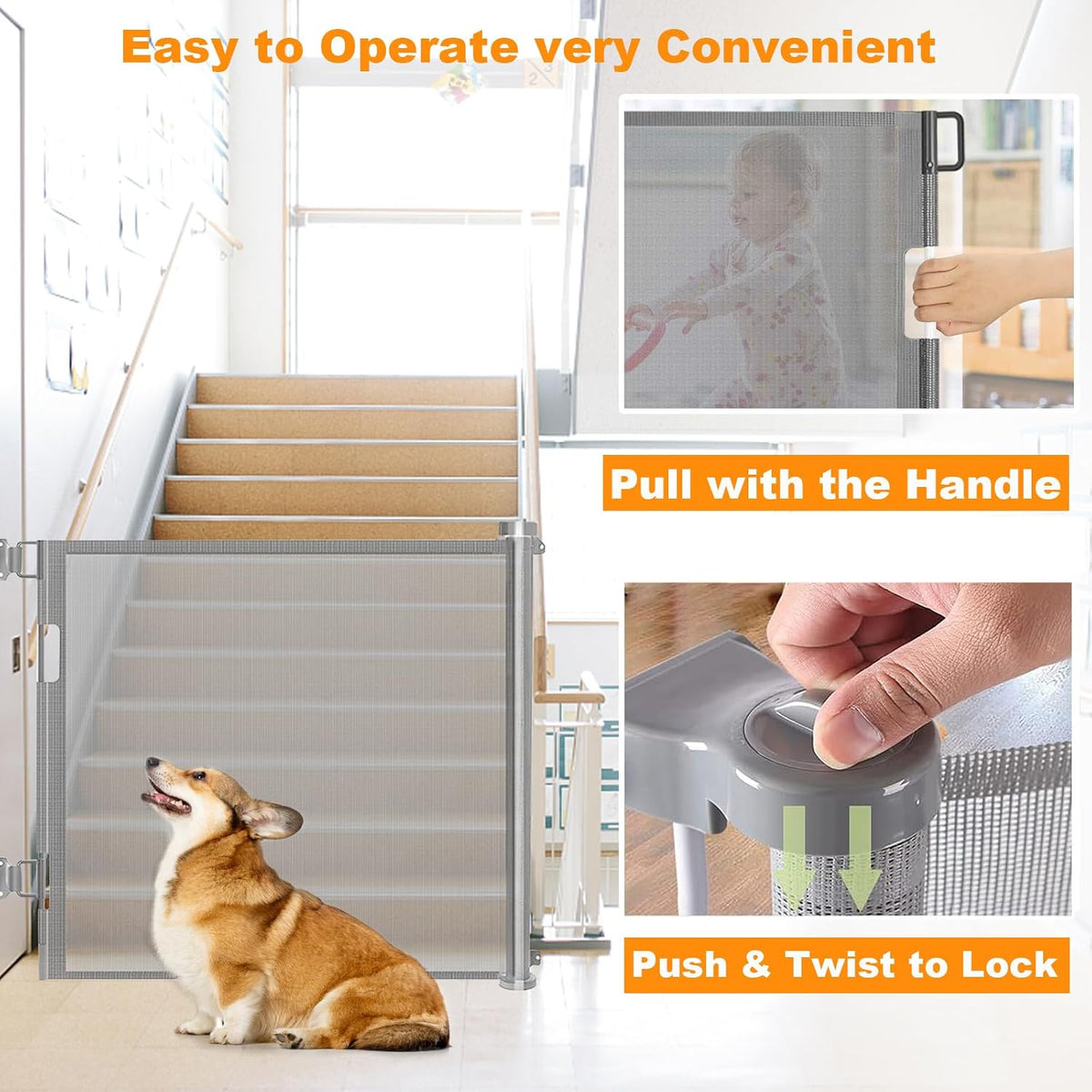 Retractable Stair Gate for Baby, Extra Wider Safety Dog Gate 150cm, 86cm Tall, One Hand Operated Baby Gate for Stairways & Hallways, Indoor & Outdoor, Grey (150cm)