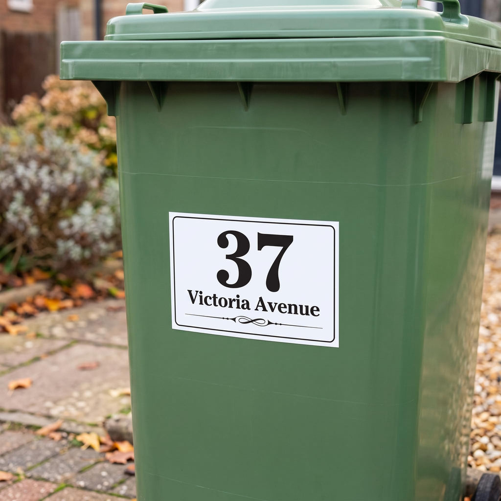 EDSG 4 x Wheelie Bin Stickers, Personalised Bin Numbers for Wheelie Bins, Custom Wheelies Bins Numbers Stickers, Number Sticker with House Number Street Name (Design 1)