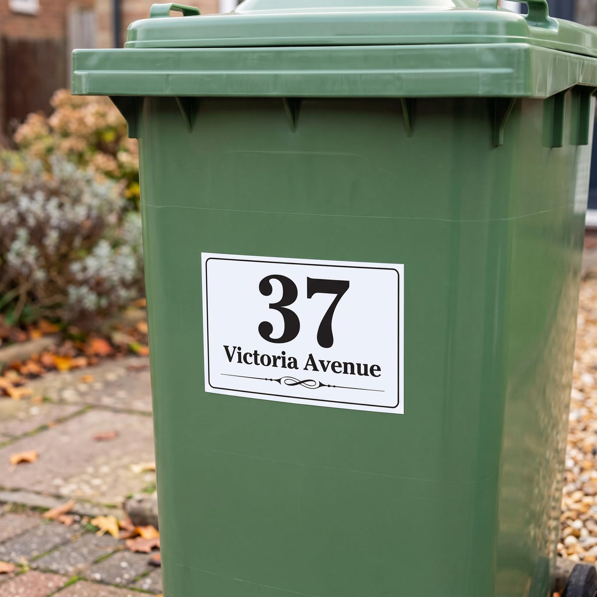EDSG 4 x Wheelie Bin Stickers, Personalised Bin Numbers for Wheelie Bins, Custom Wheelies Bins Numbers Stickers, Number Sticker with House Number Street Name (Design 1)