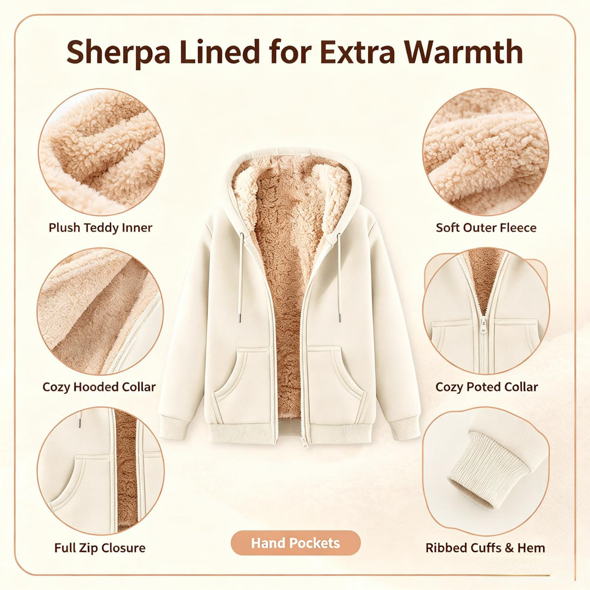 Womens Teddy Fleece Hoodies Sherpa Lined Fuzzy Jacket with Pockets Full Zip Hooded Adjustable Sweatshirts Ladies Winter Warm Jumper Coat Outwear Thermal Outfits Clothing