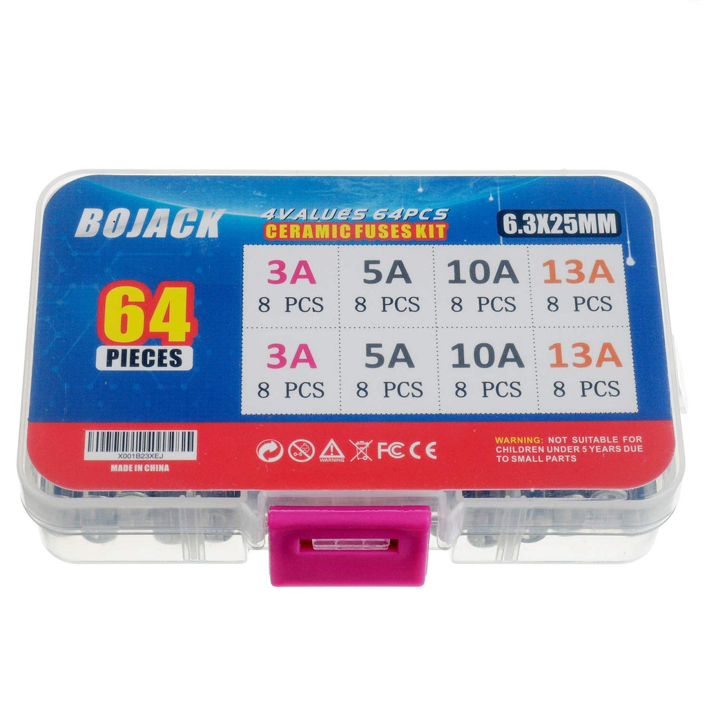 BOJACK 3 Values 42 pcs 3 5 13 A amp 240 V Volt Household Mains Plug Fuse 6.3x25 mm 0.25x1Inch BS1362 Ceramic Tube Cartridge Fuses Assortment Kit packag in a Clear Plastic Box
