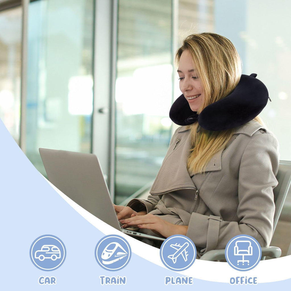 WENGX Travel Neck Pillow With Storage Bag Memory Foam Head Support Flight Pillows Cushion for Airplane Train Car Office Travel Essential for a Long Hauls Sleeping Rest(Pale Pink)