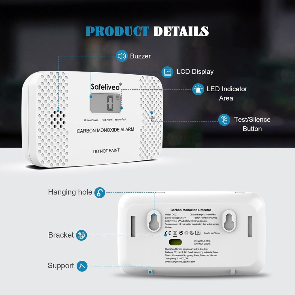 Safeliveo Carbon Monoxide Detector with Replaceable Battery, White, 2Pack