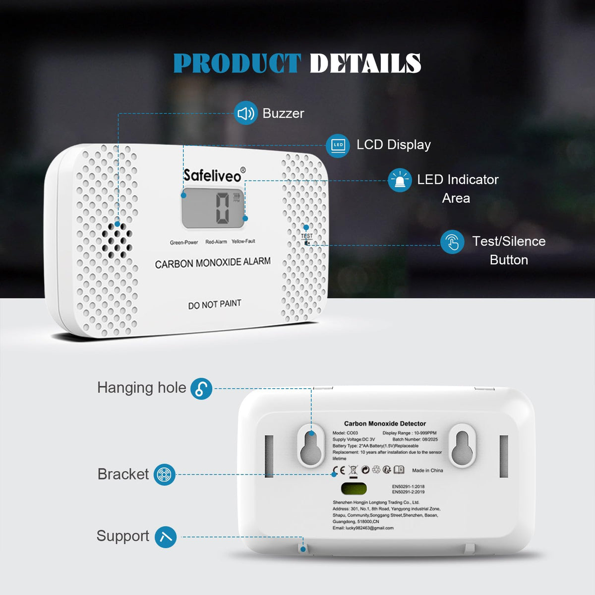 Safeliveo Carbon Monoxide Detector with Replaceable Battery, White, 2Pack