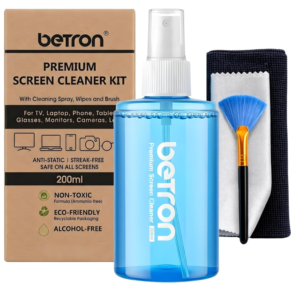 Betron Screen Cleaner Spray Kit with Cloth for TV, Laptop, Monitor, 500ml