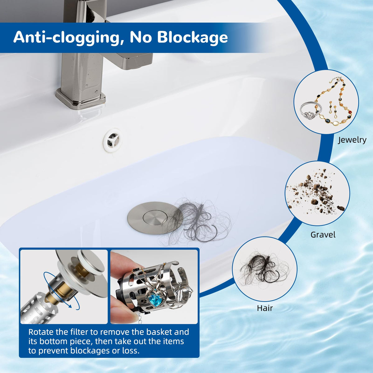 Hibbent Upgraded 3 in 1 Bathroom Sink Drain Strainer, Pop Up Stopper