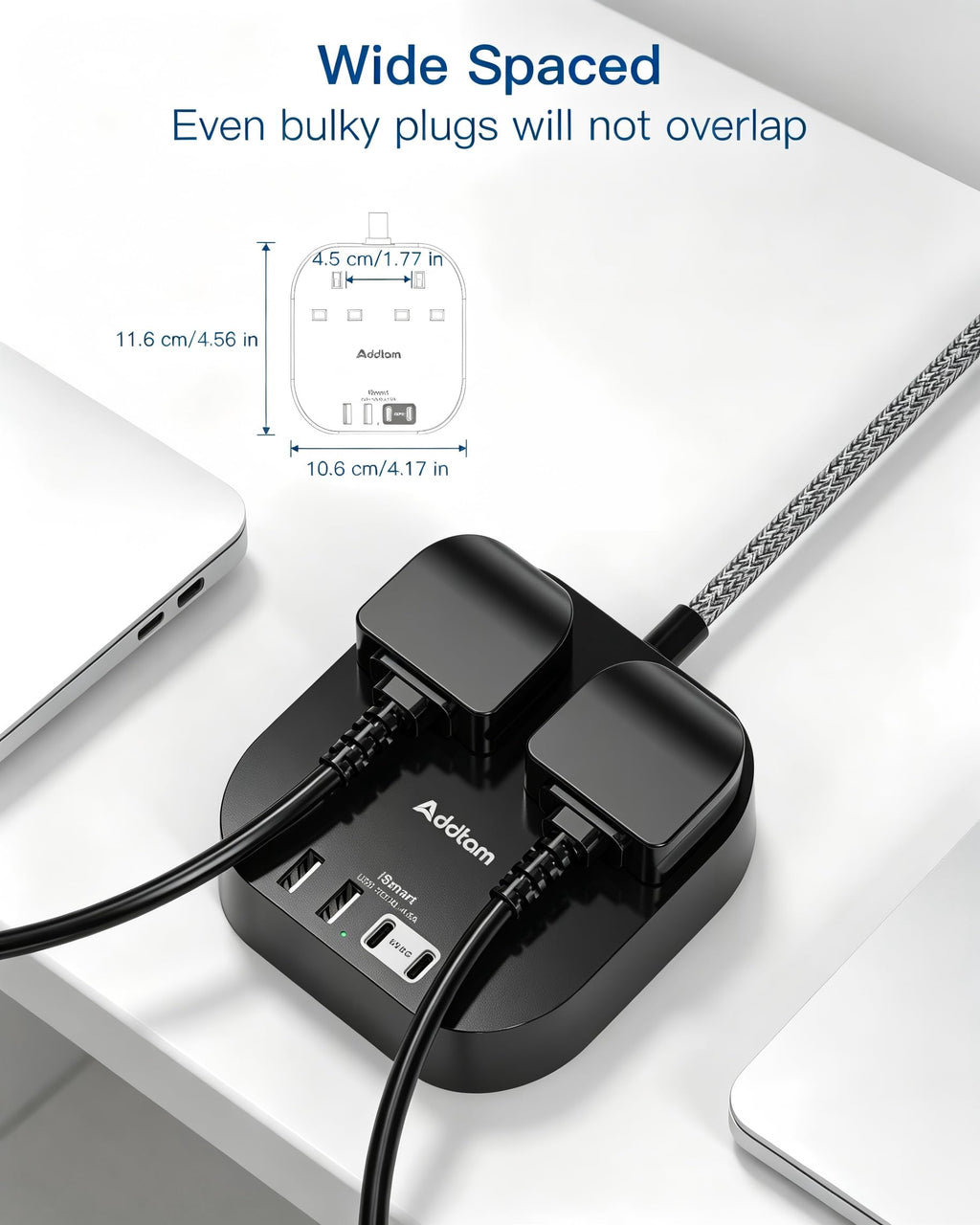 Addtam Extension Lead with USB Slots, Power Strips with 2 Way Outlets 4 USB