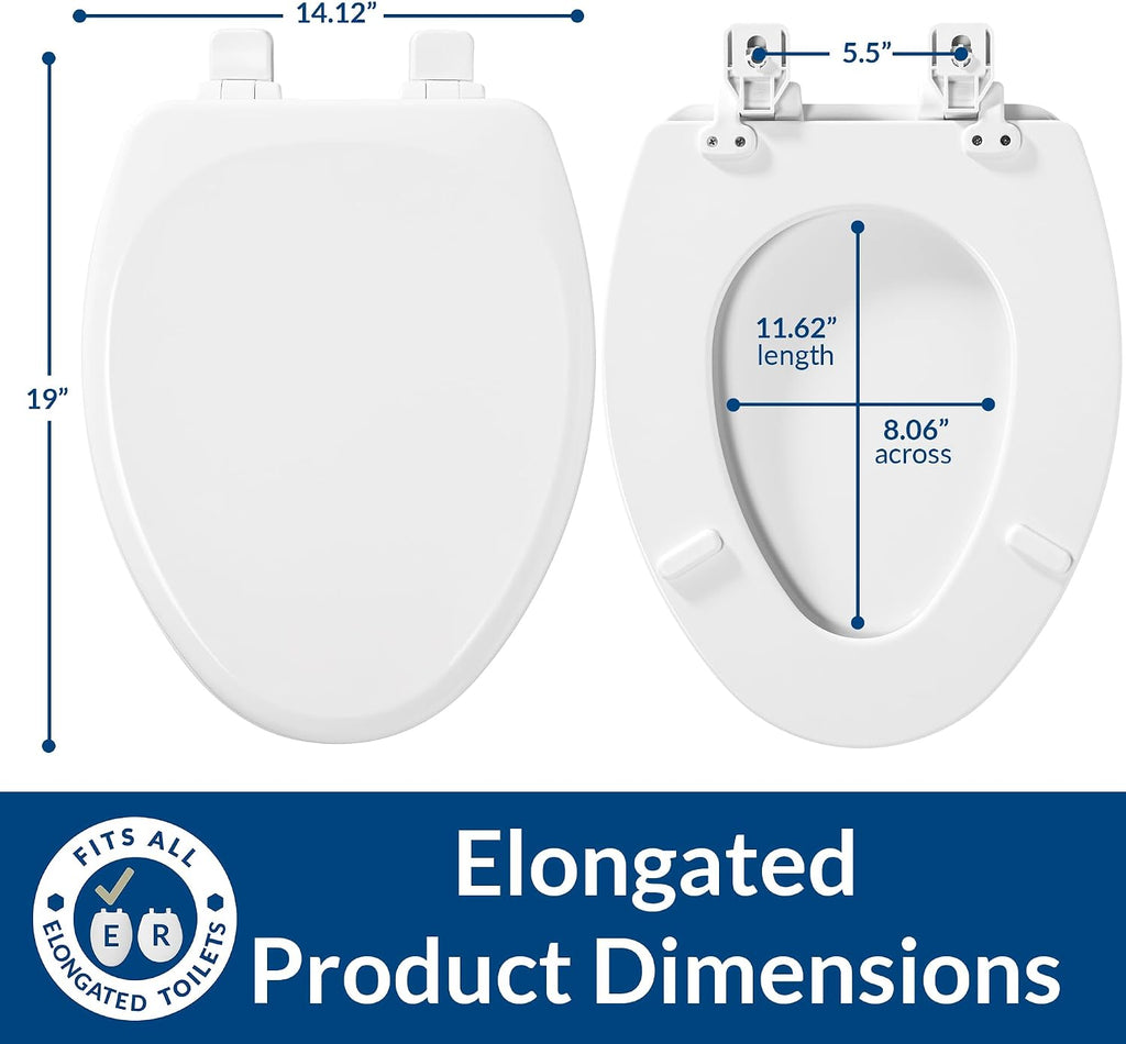 Mayfair Linden Slow Close Toilet Seat, Non Slip Heavy Duty Wood, Easy Install, Elongated, White