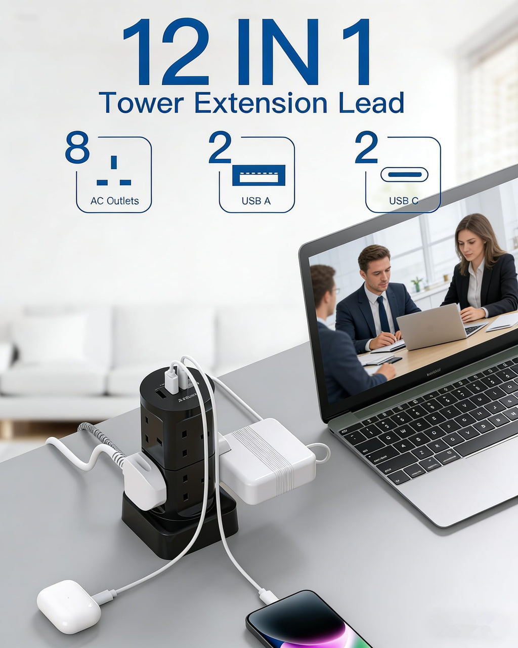 Tower Extension Lead with USB Slots, 8 Way Multi Plug Extension Tower &4USB