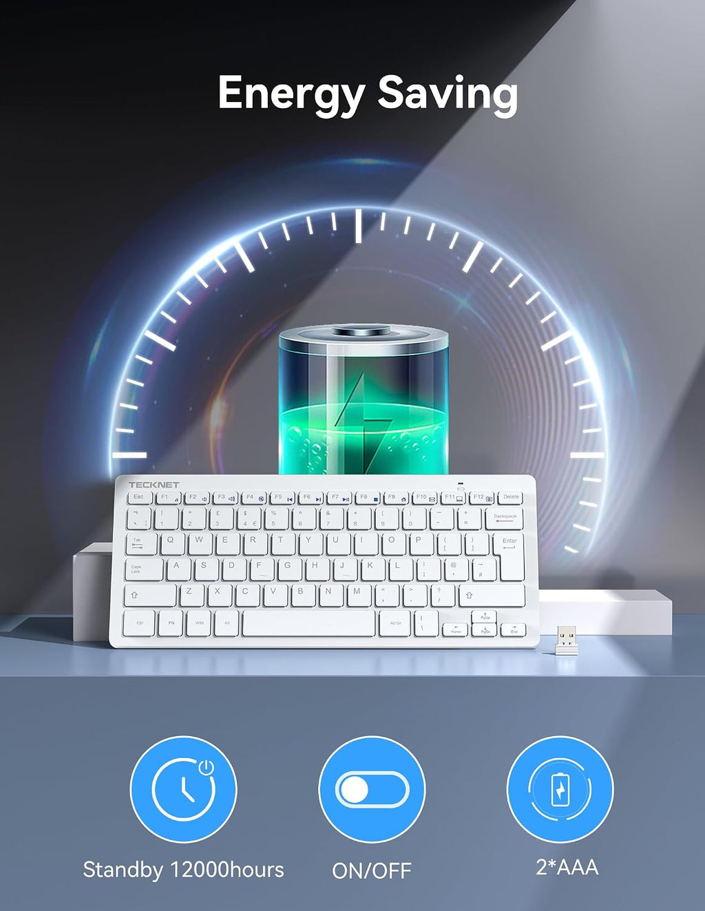 TECKNET 2.4G Wireless Compact Mini Keyboard, UK Layout, White