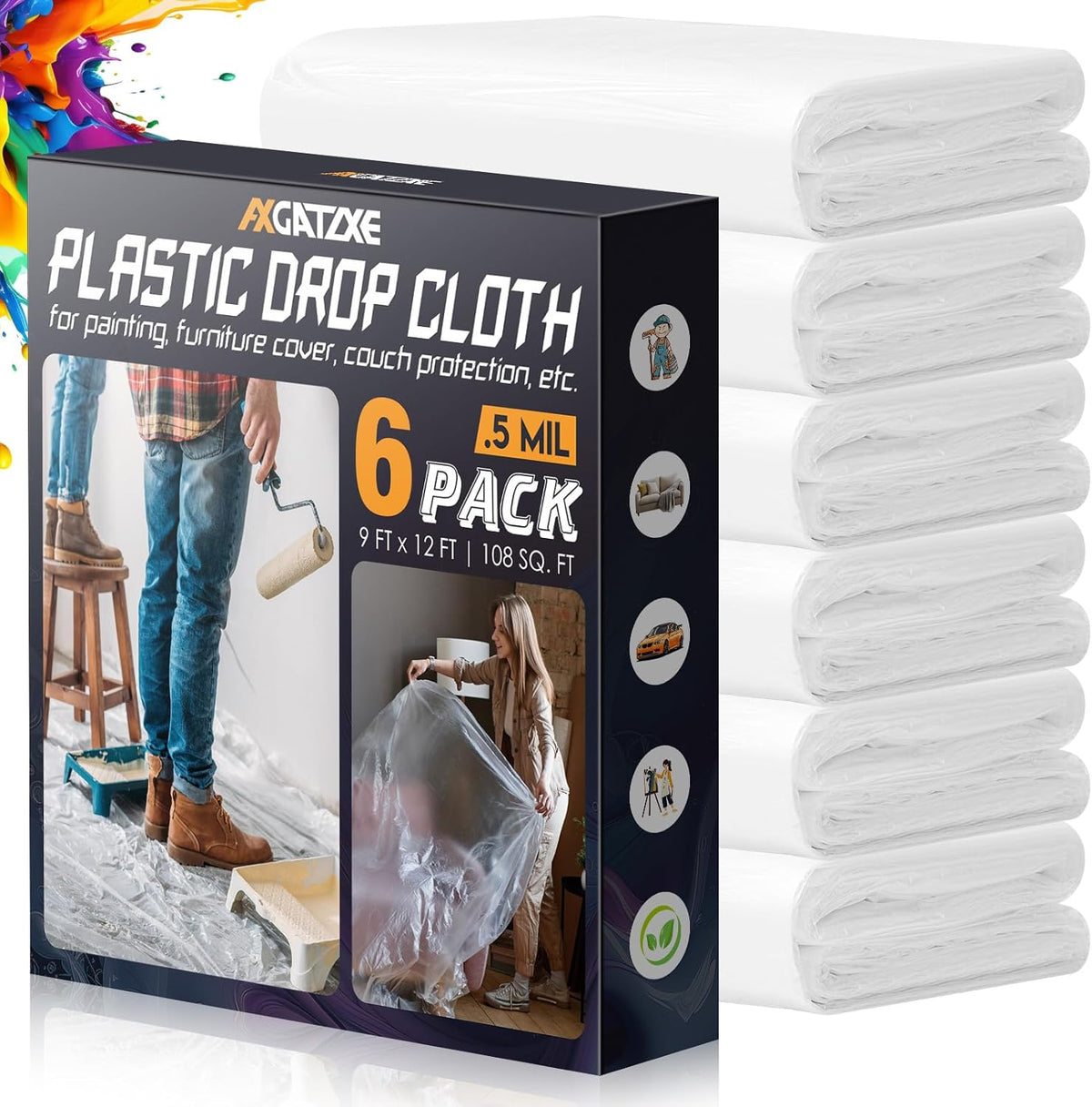 Axgatoxe 12 x 9 Ft Plastic Drop Cloths for Painting (10-Pack)