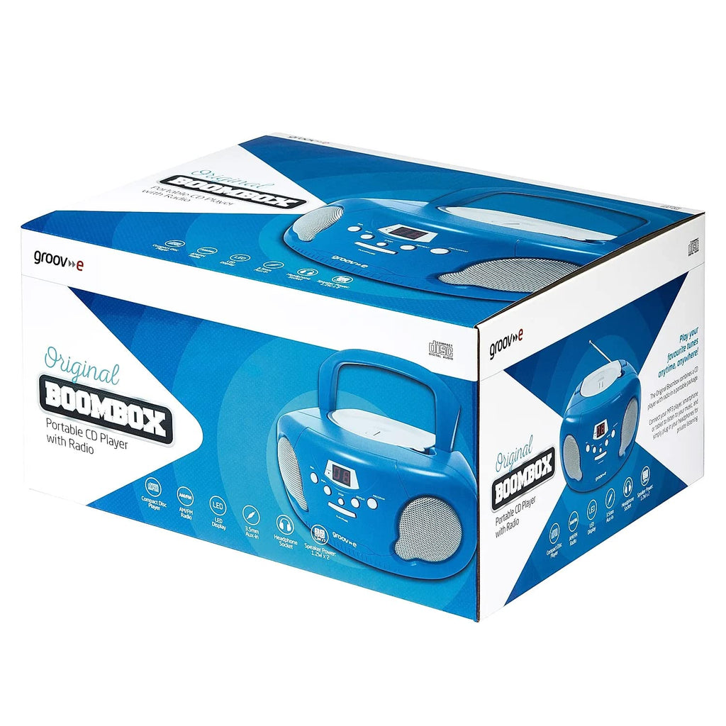 Groov-e Original Boombox - Portable CD Player with Bluetooth, Radio, 3.5mm Aux Port, & Headphone Socket - LED Display, 2 x 1.2W Speakers - Battery or Mains Powered - Blue