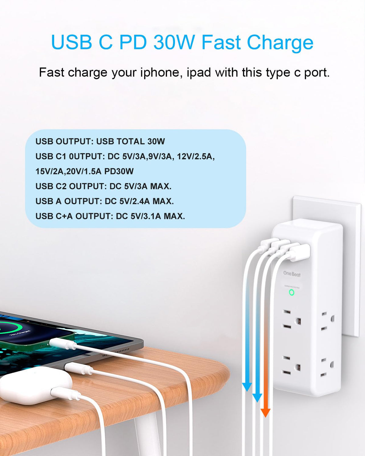 Surge Protector Outlet Extender with Rotating Plug, Multi Plug Wall Outlet