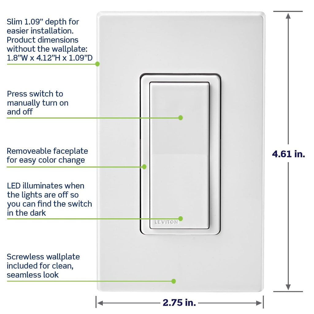 Leviton Decora Smart Switch, Wi-Fi, D315S-1RW, White