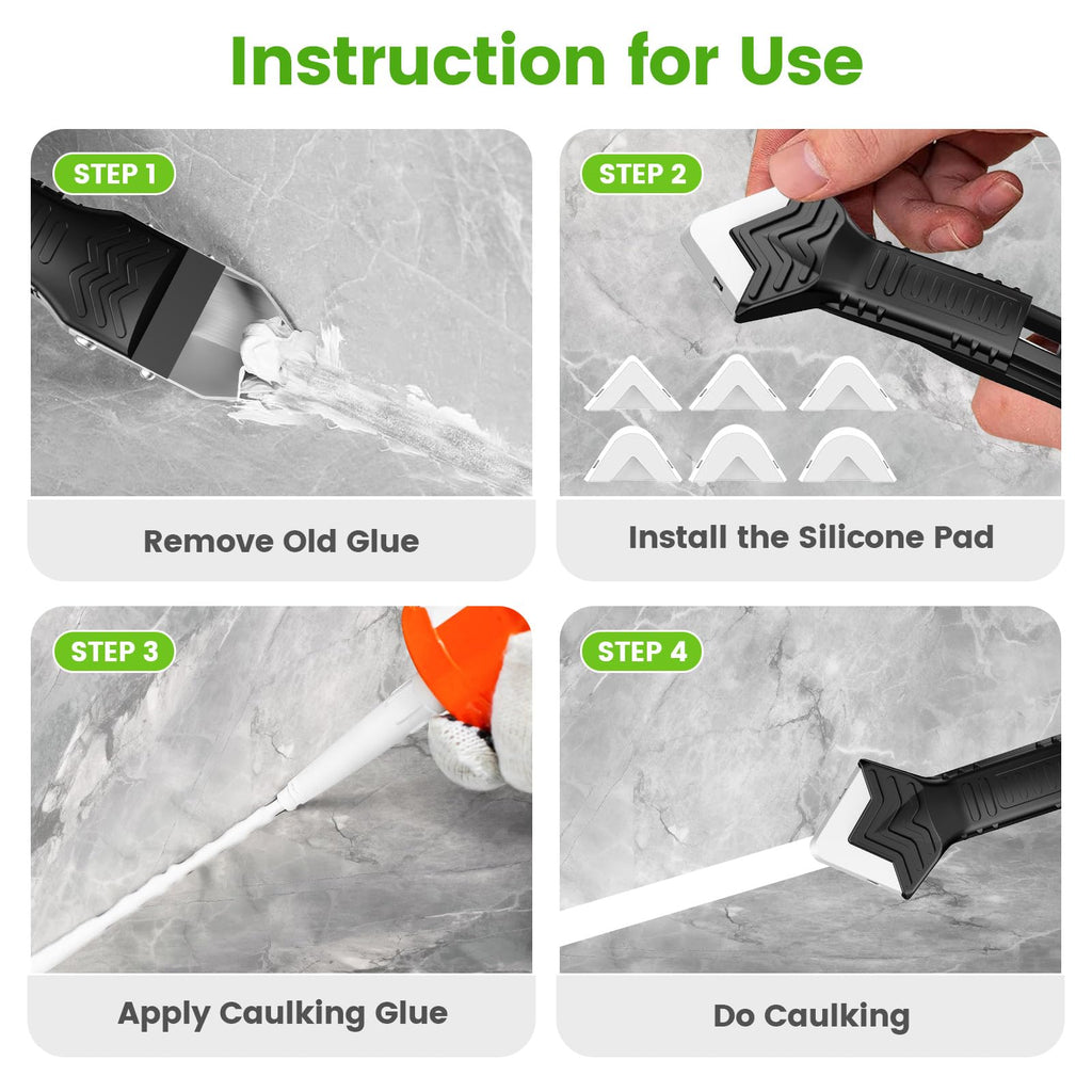 Goopreen 5 in 1 Caulking Tool Silicone Caulking Grout Removal Sealant Finishing Tool with Stainless Steel Head, 6 Replaceable Pads, Gap Seam Repair Kit for Kitchen Bathroom Sink Toilet Caulking