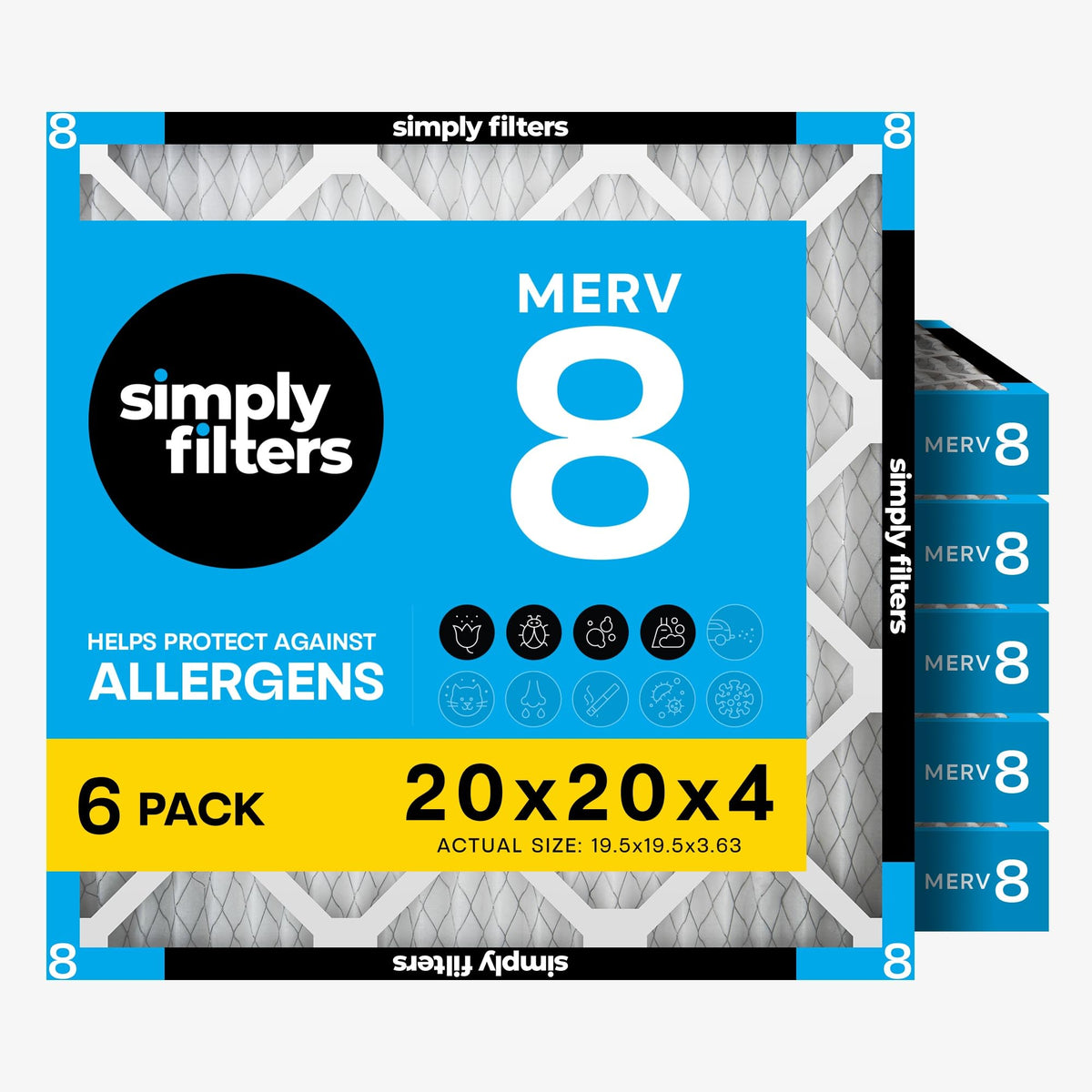 Simply 20x20x1 Air Filter, Merv 8, MPR 600, 6 Pack, Furnace Air Filter for HVAC (Actual Size: 19.75"x19.75"x0.75") DUST, Pet, & Allergy Control