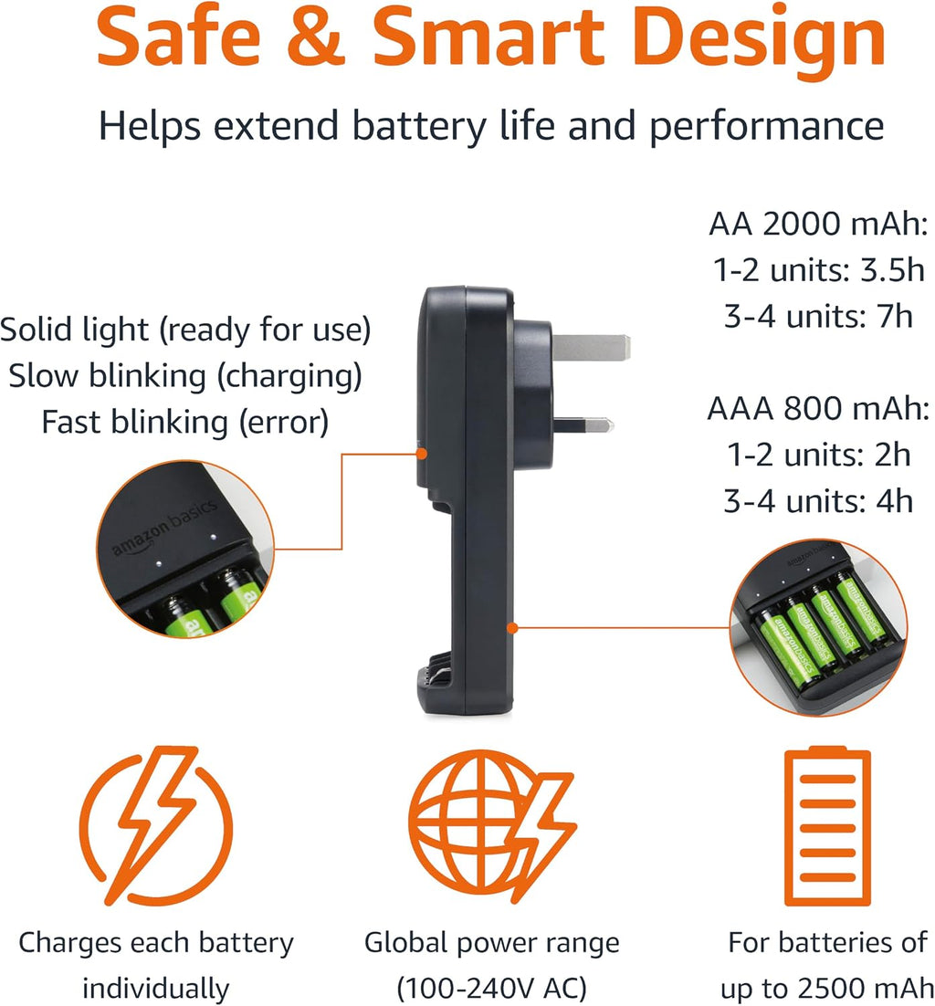 Amazon Basics Battery Charger for Rechargeable AA and AAA NiMh Batteries – UK Plug, 4-Bay, Black