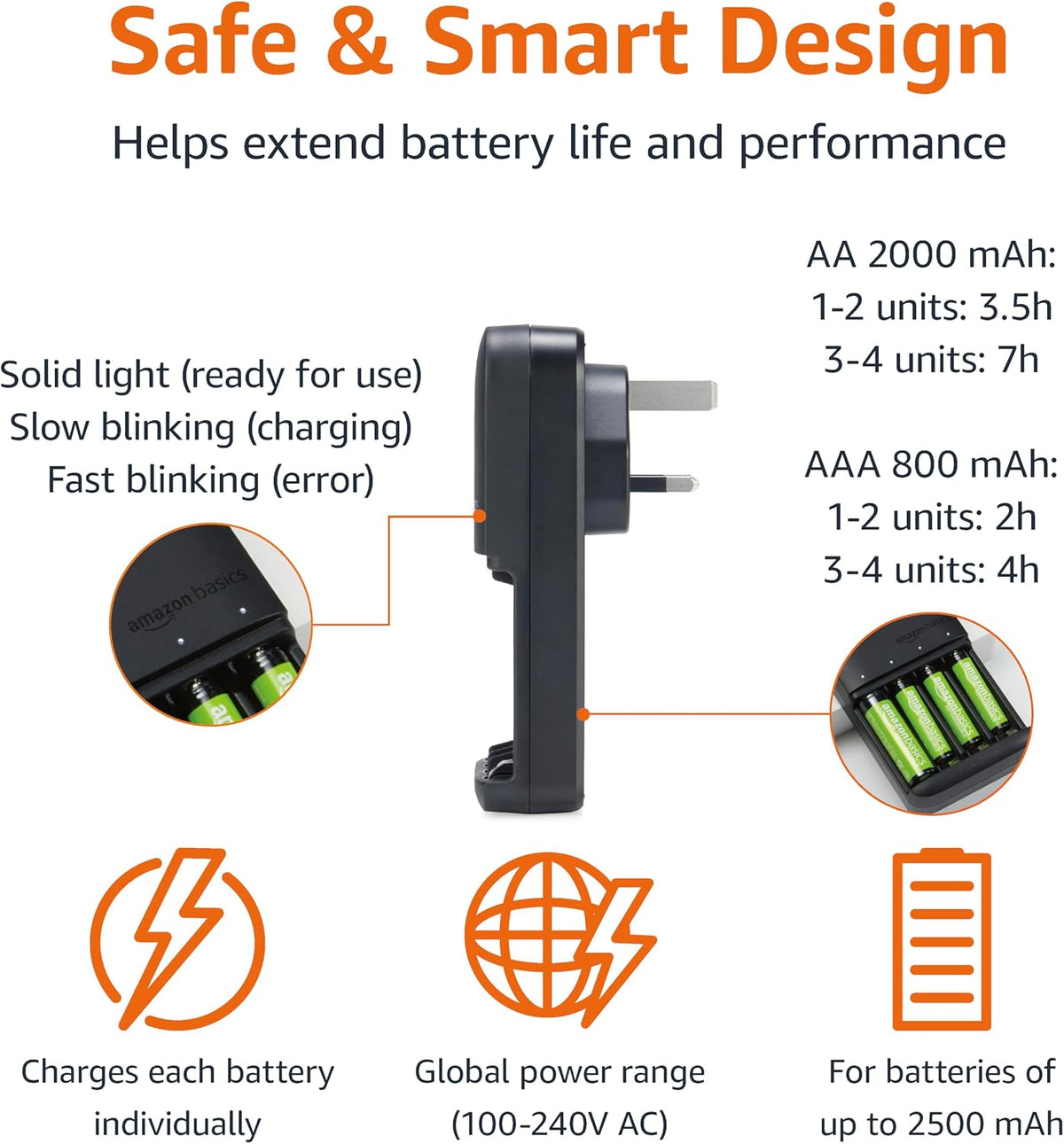 Amazon Basics Battery Charger for Rechargeable AA and AAA NiMh Batteries – UK Plug, 4-Bay, Black