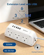 Extension Lead with USB Slots, 6 Way Outlets 5 USB (5A, 3 USB- C Port),1.6M